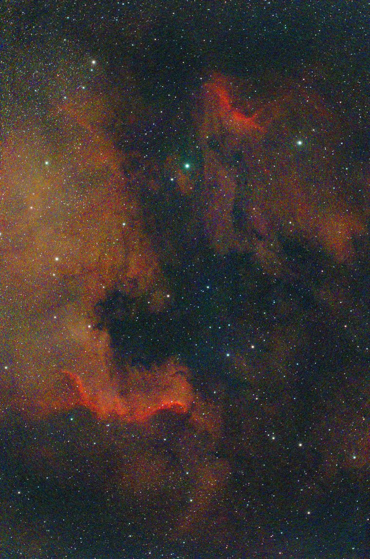 NGC 7000 with saturation at maximum: garish oversaturated colour, magenta and green casts