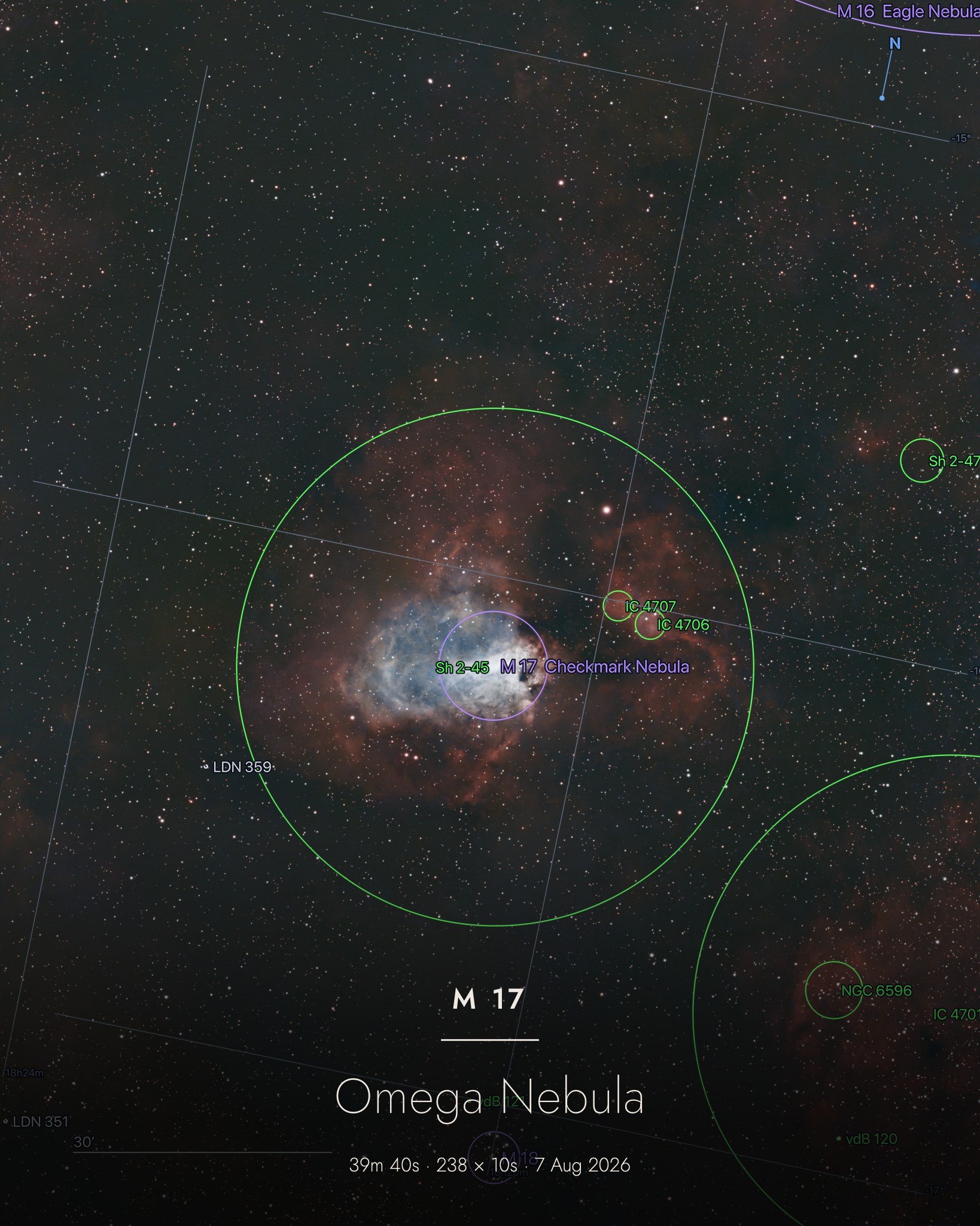 An exported NGC 7000 image with annotations burned in: object circles at true size, named stars, coordinate grid, compass and scale bar