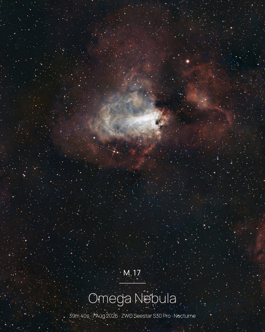 M 17 photographed with a ZWO Seestar and finished in Nocturne — 238 × 10s · 40m total integration