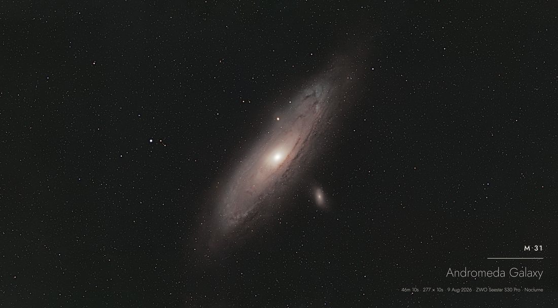 M 31 photographed with a ZWO Seestar and finished in Nocturne — 285 × 10s · 48m total integration