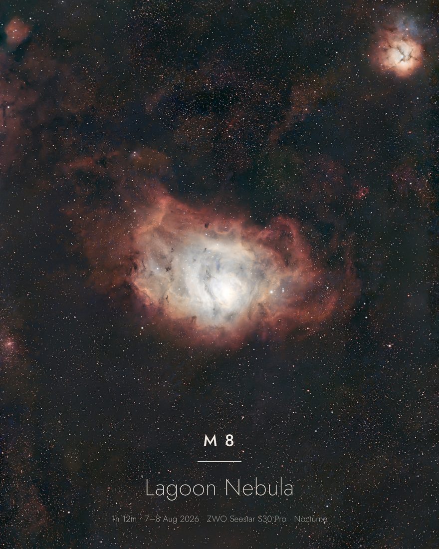 M 8 photographed with a ZWO Seestar and finished in Nocturne — 434 × 10s · 1h 12m total integration