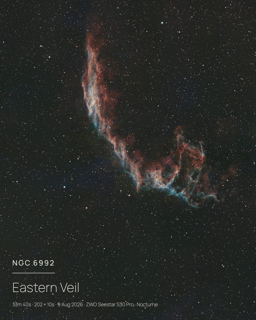 NGC 6992 photographed with a ZWO Seestar and finished in Nocturne — 202 × 10s · 34m total integration
