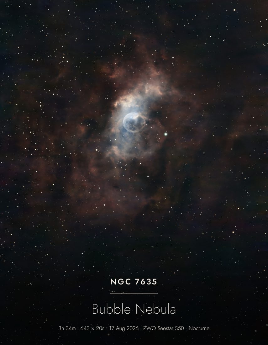 NGC 7635 photographed with a ZWO Seestar and finished in Nocturne — 643 × 20s · 3h 34m total integration