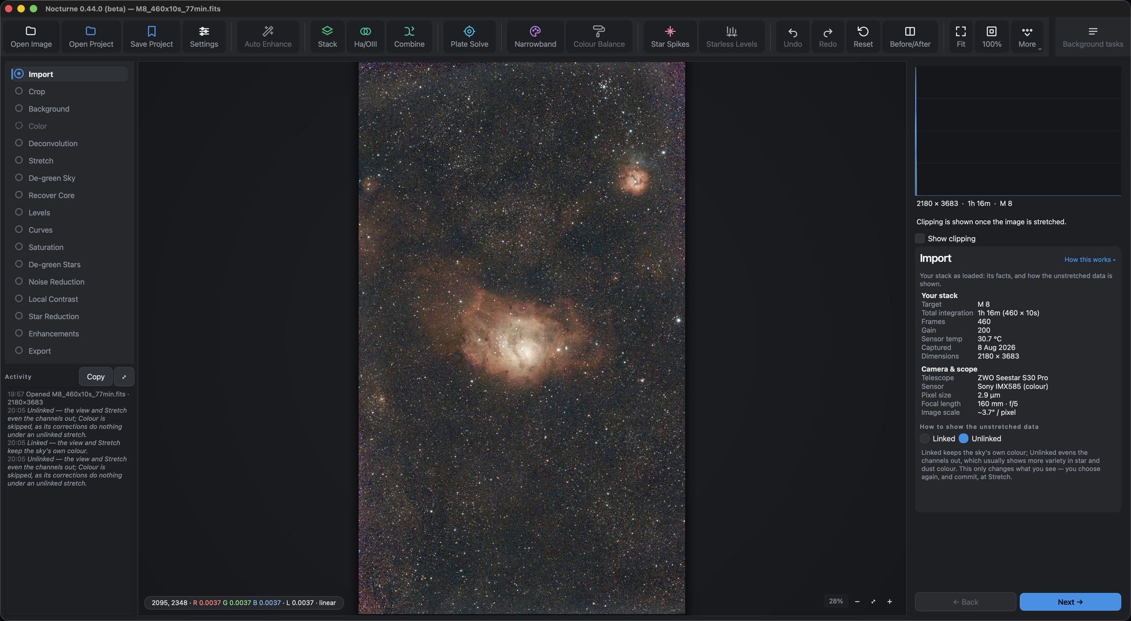 Nocturne with M 8 open and the Import panel showing the file's facts and the Unlinked choice