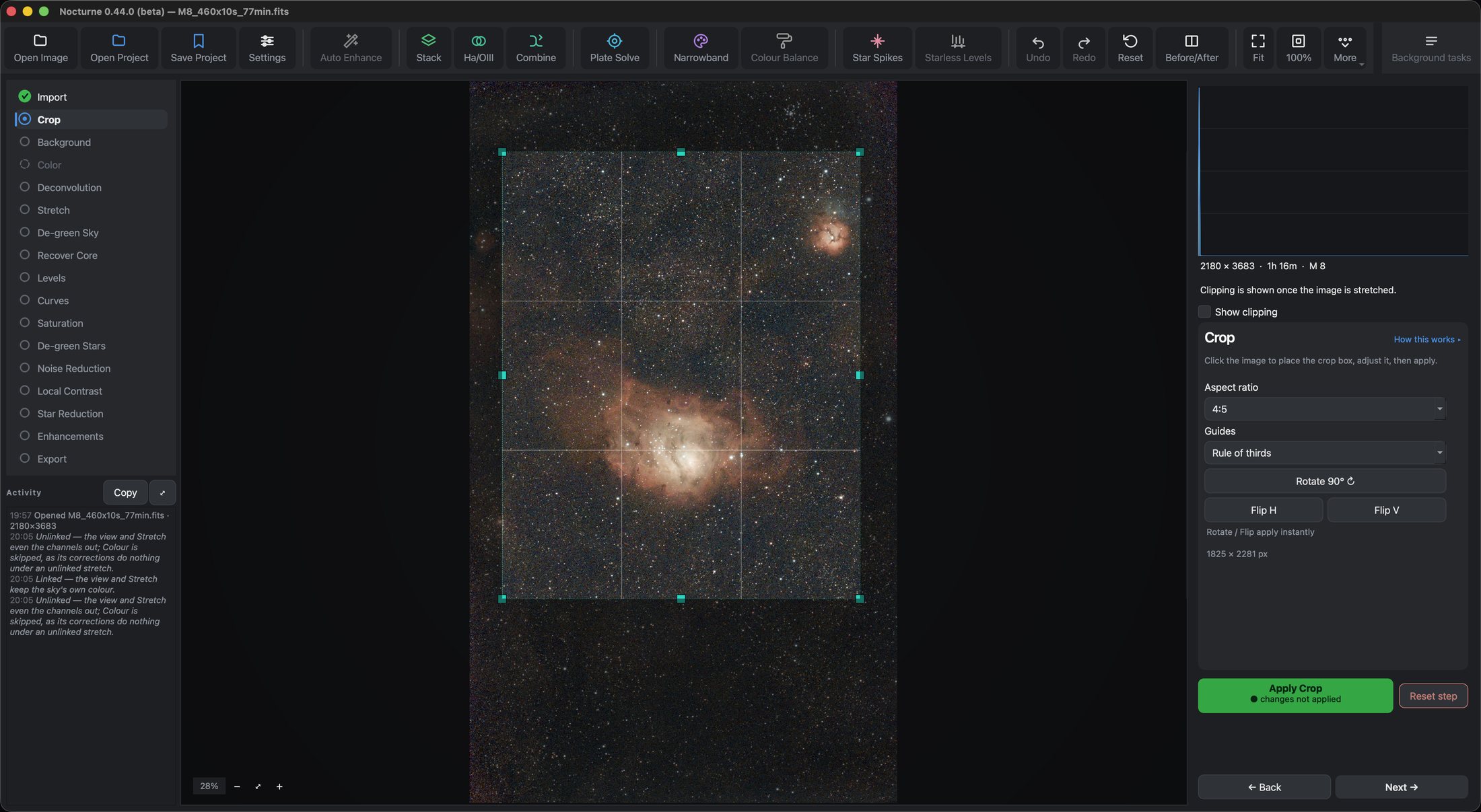 The crop box at 4:5 with rule-of-thirds guides over M 8
