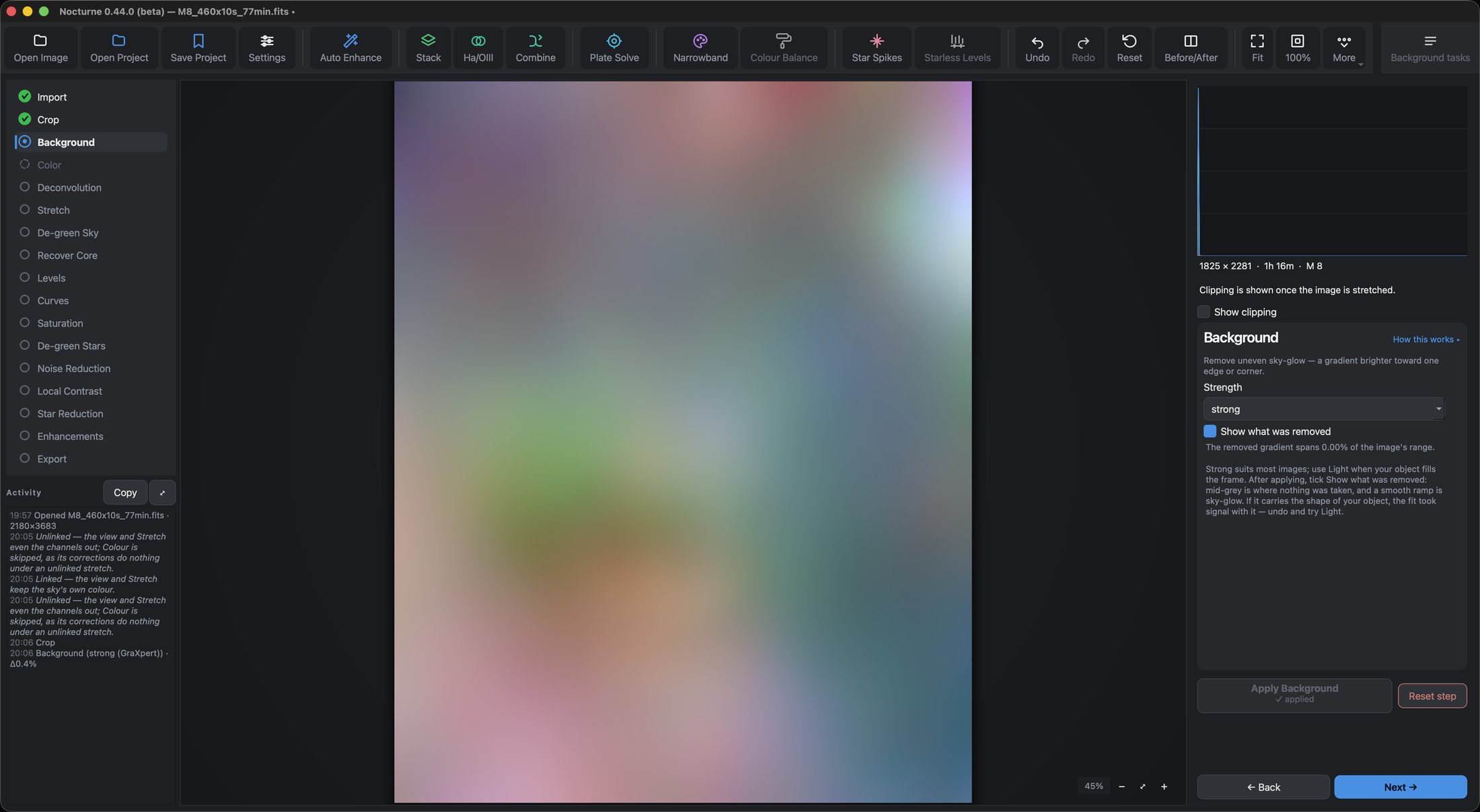 Show what was removed: the subtracted sky glow as smooth patches of colour