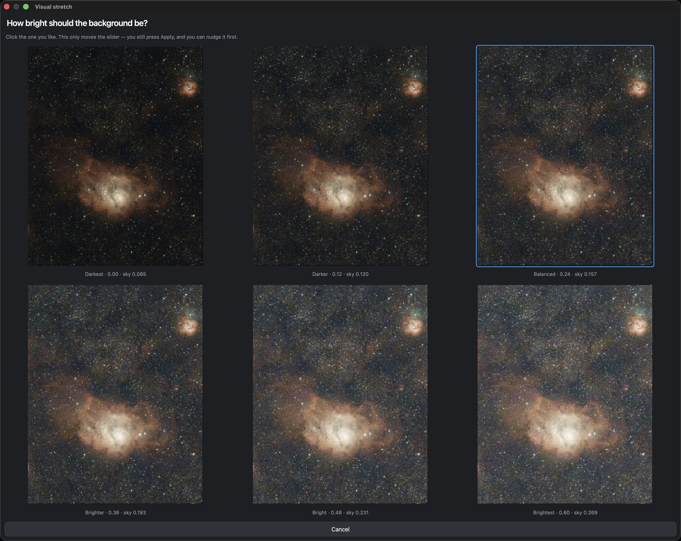 Visual stretch showing six brightness versions of M 8, Balanced selected