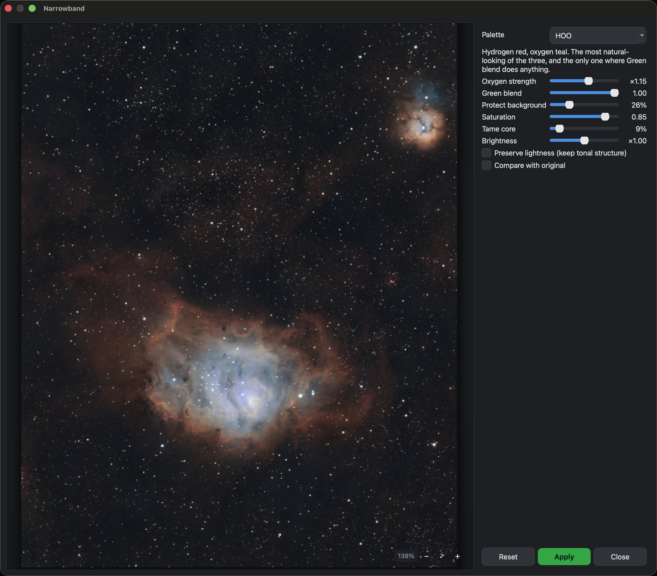 The Narrowband window with the HOO palette: M 8's core turns blue-green