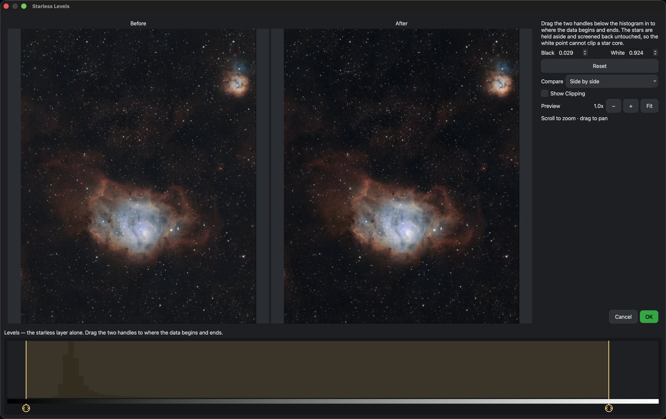 Starless Levels with Before and After side by side and the histogram handles
