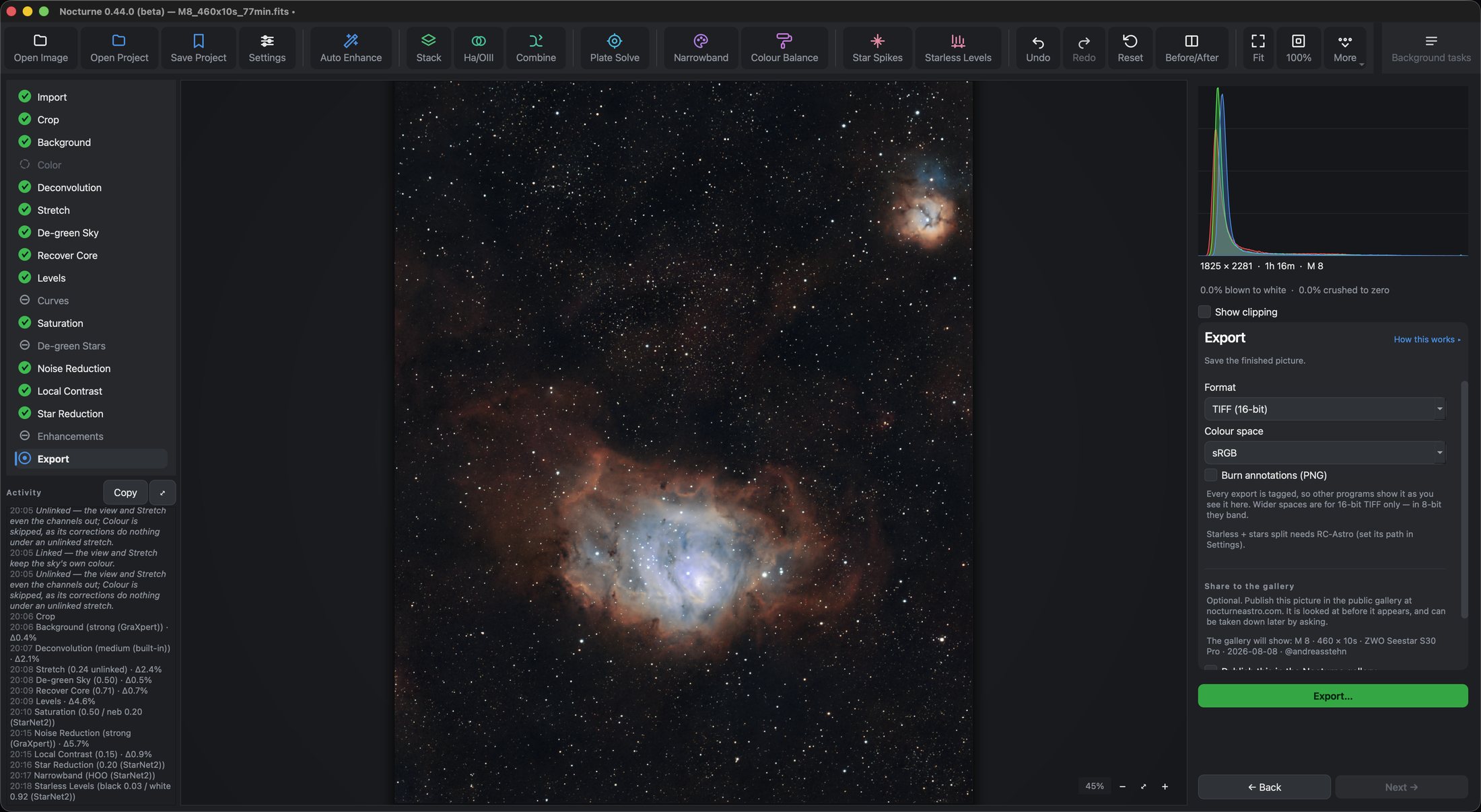 The Export panel with TIFF (16-bit) and sRGB