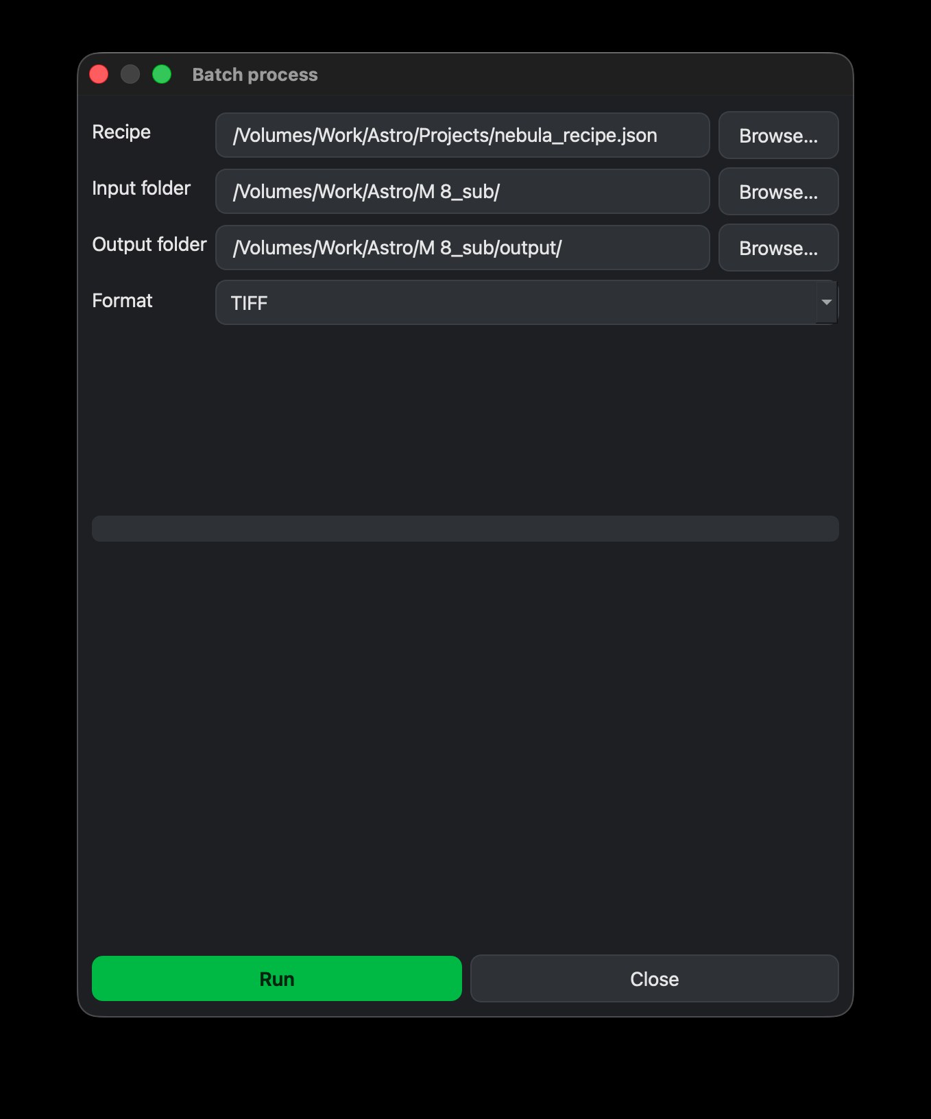 Nocturne's Batch dialog processing a folder of FITS files with a recipe