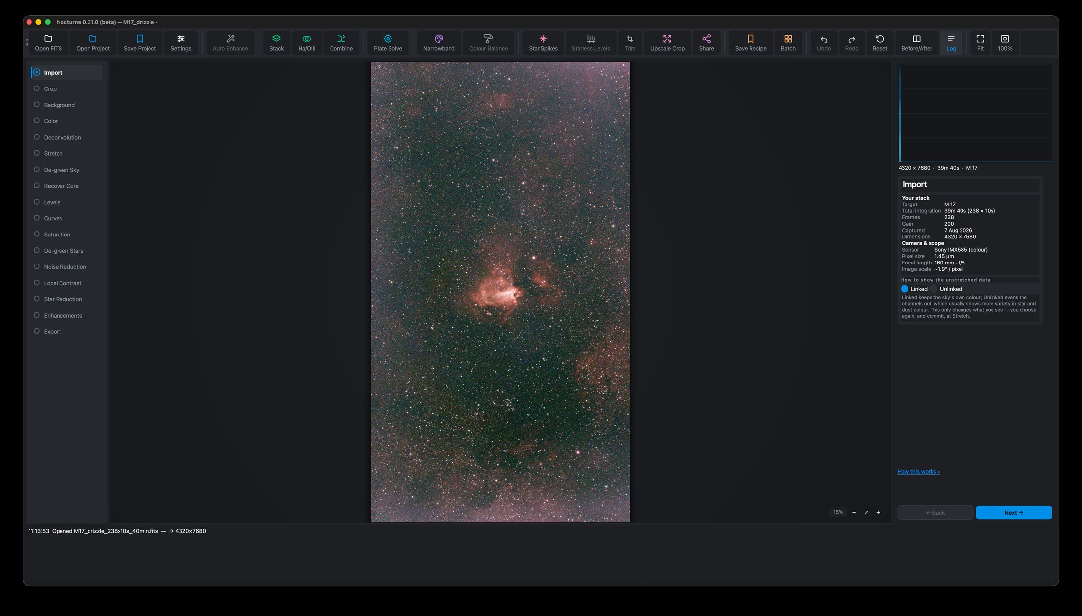 Nocturne at the Import step, with the target, integration, frame count and camera read from the file