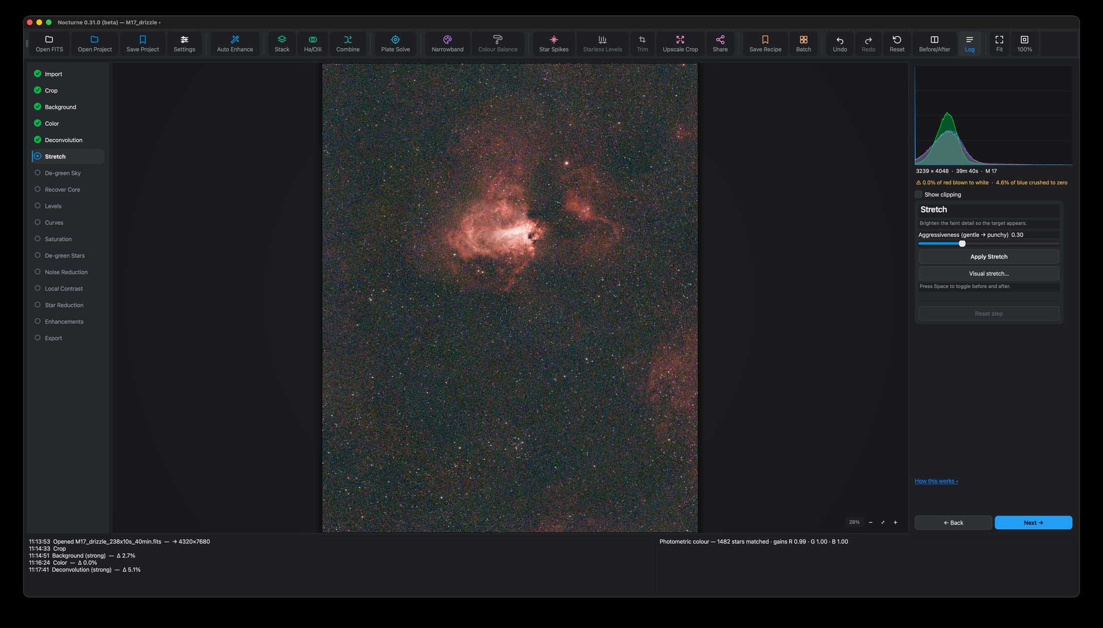 Nocturne at the Stretch step: five completed steps ticked off in the list, the stretch controls, and the histogram