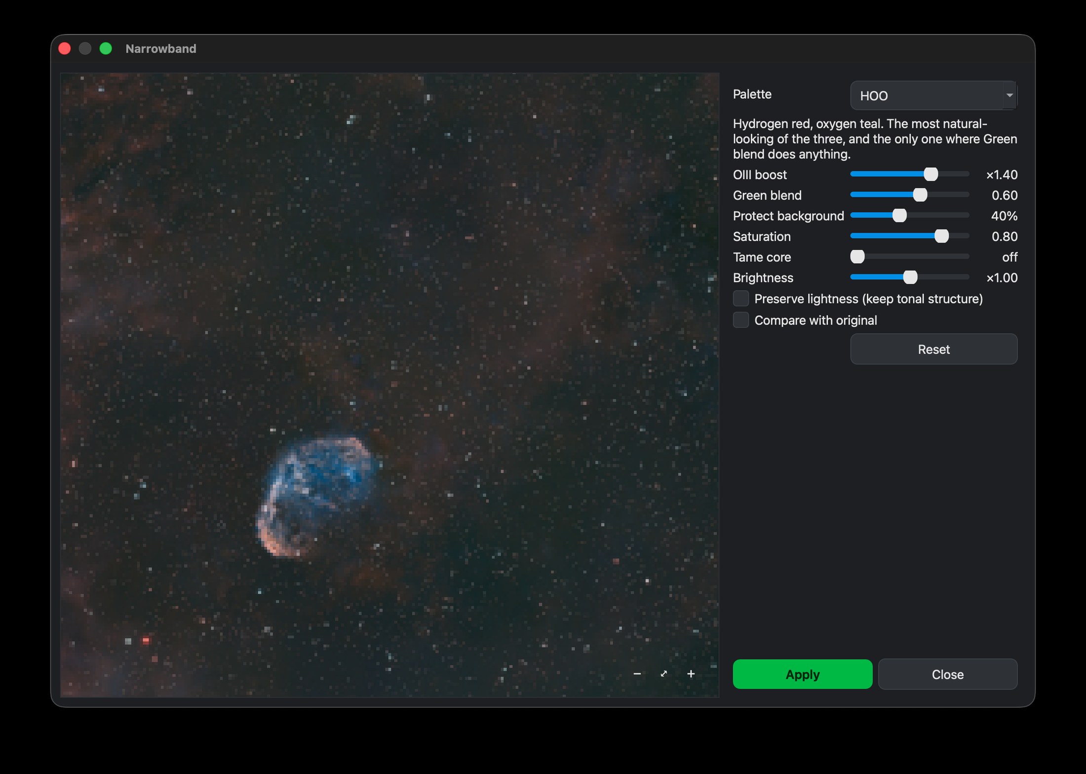 Nocturne's Narrowband dialog with palette and adjustment sliders over a live preview