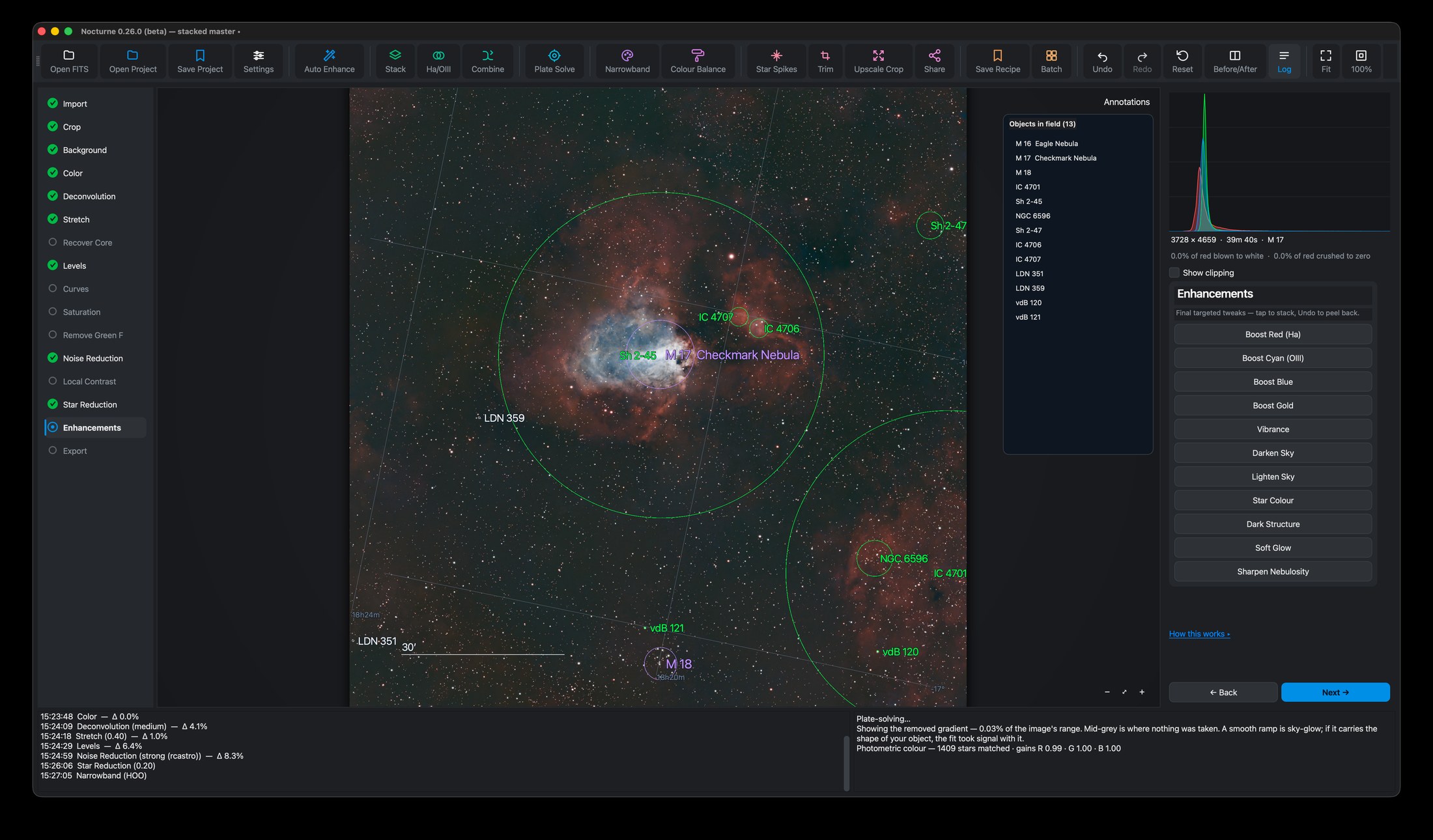 Nocturne's plate-solve annotation overlay identifying objects in a nebula field