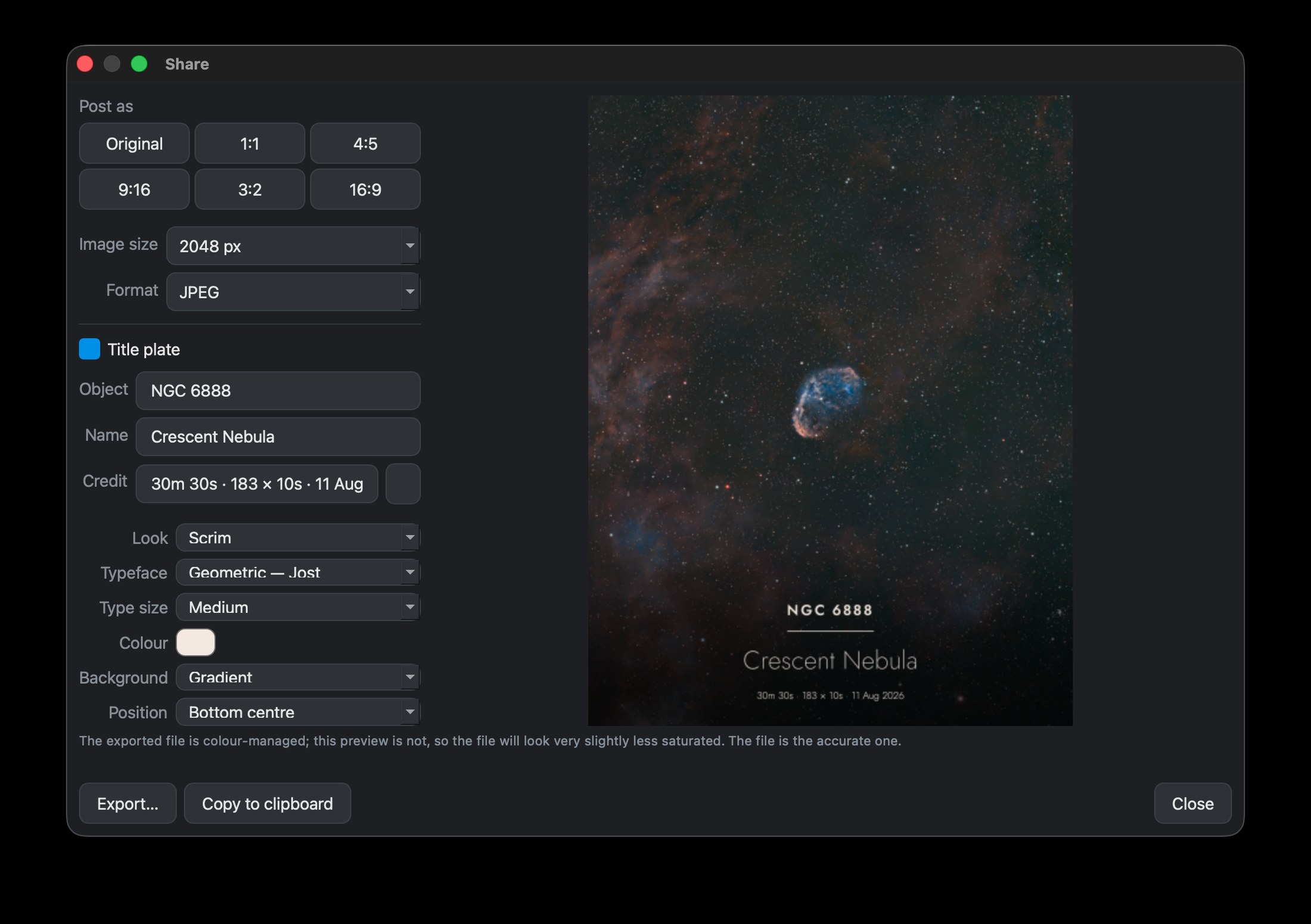 Nocturne's Share dialog: aspect buttons, an editable caption with placement, alignment, size, colour and band controls, and a live preview of the result