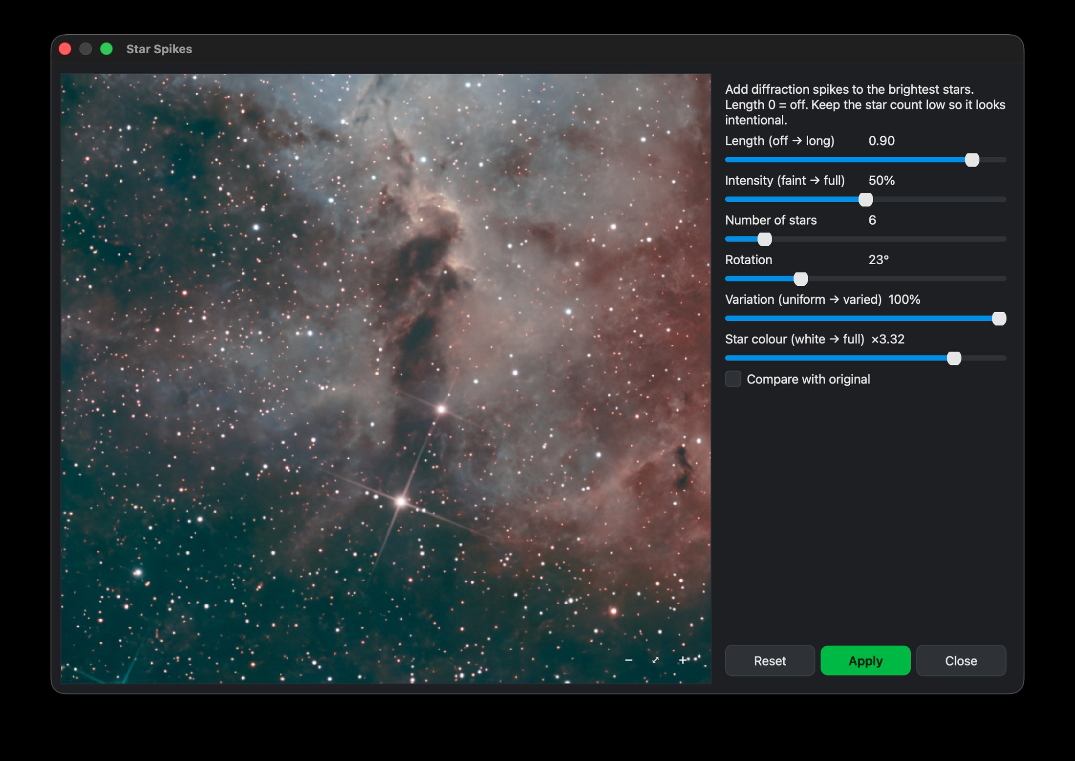 Nocturne's Star Spikes dialog with length, intensity, count and rotation sliders