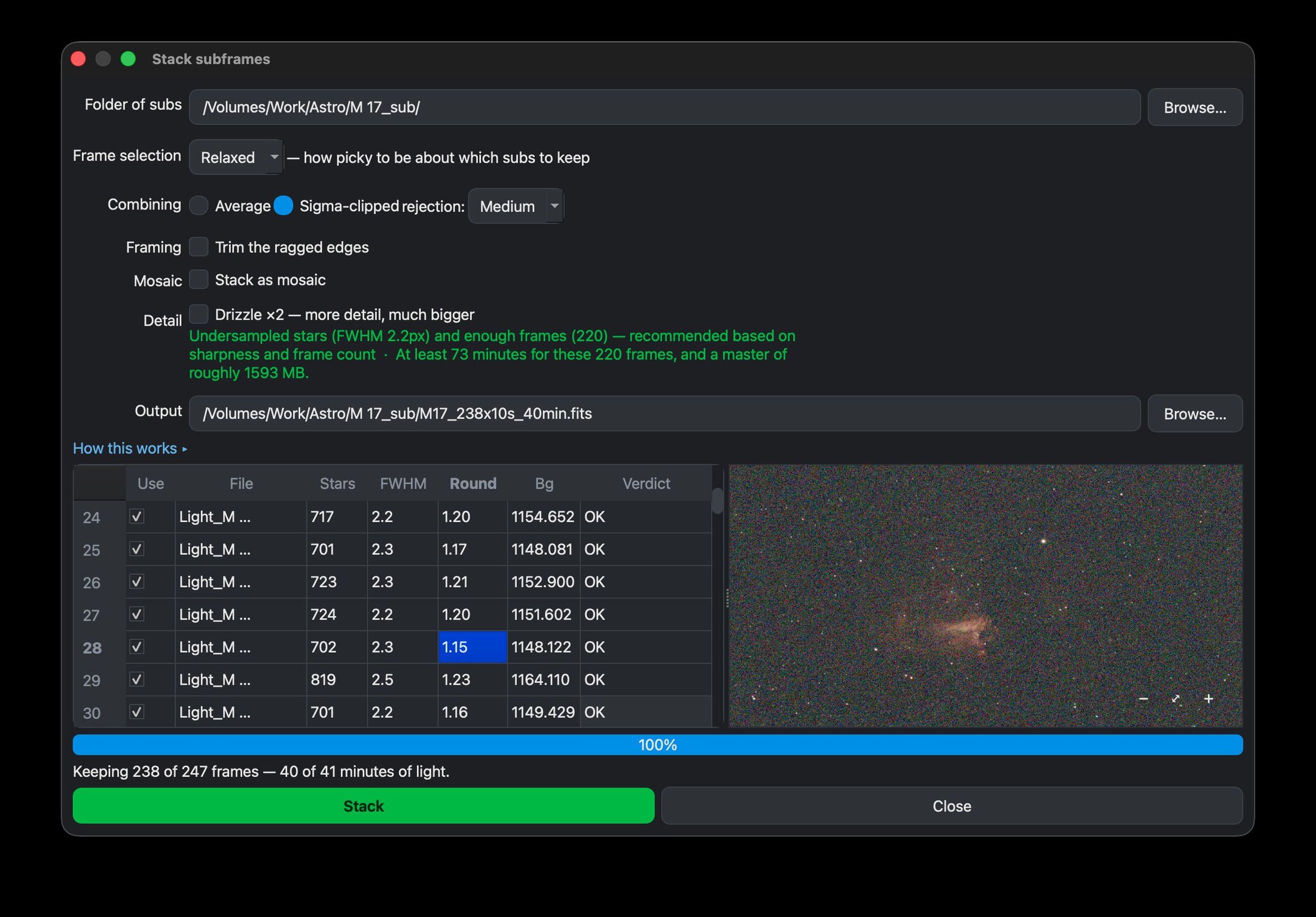 Nocturne's Stack dialog with a per-frame grading table and a frame preview