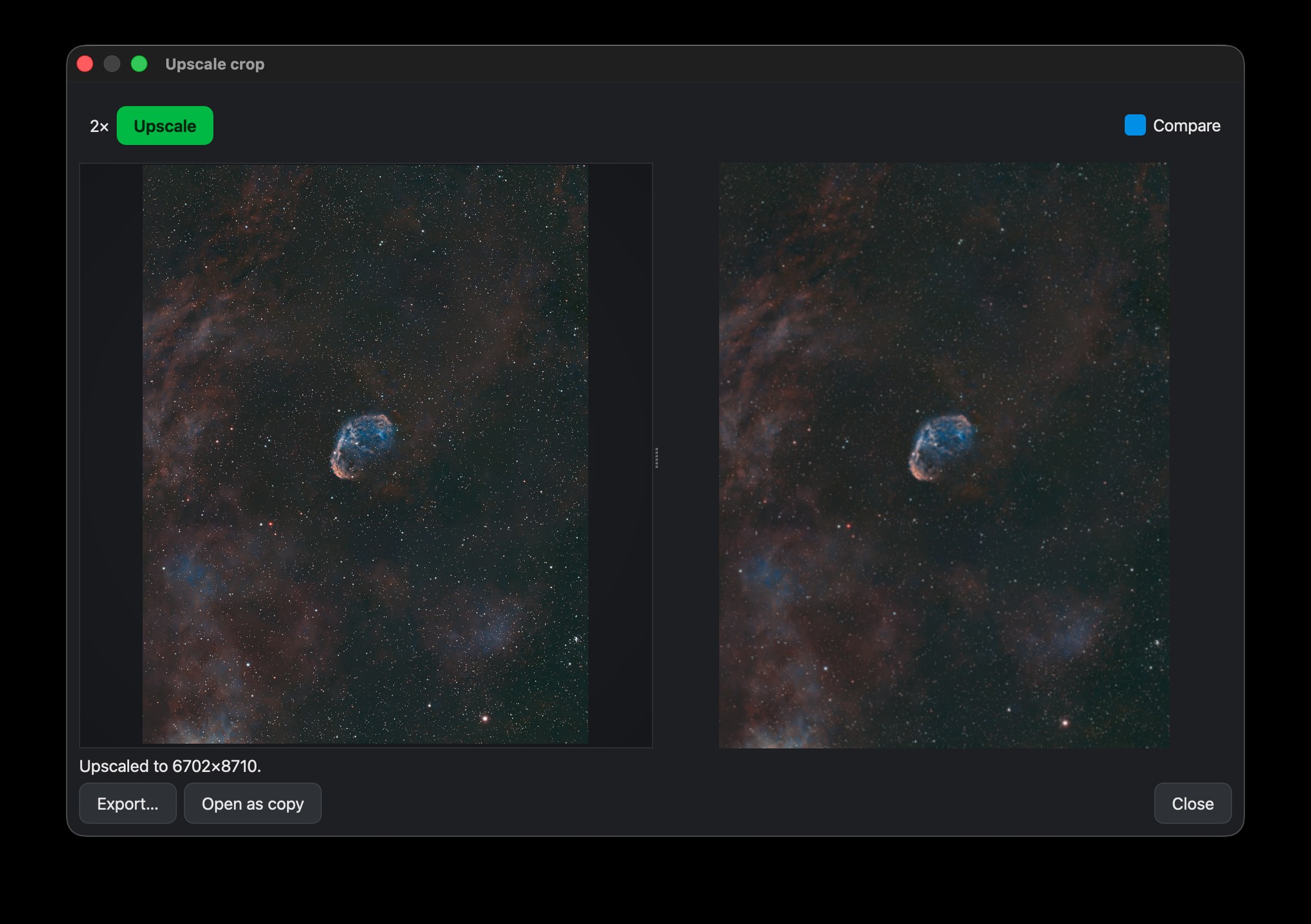 Nocturne's Upscale Crop dialog with a crop box and 2x compare