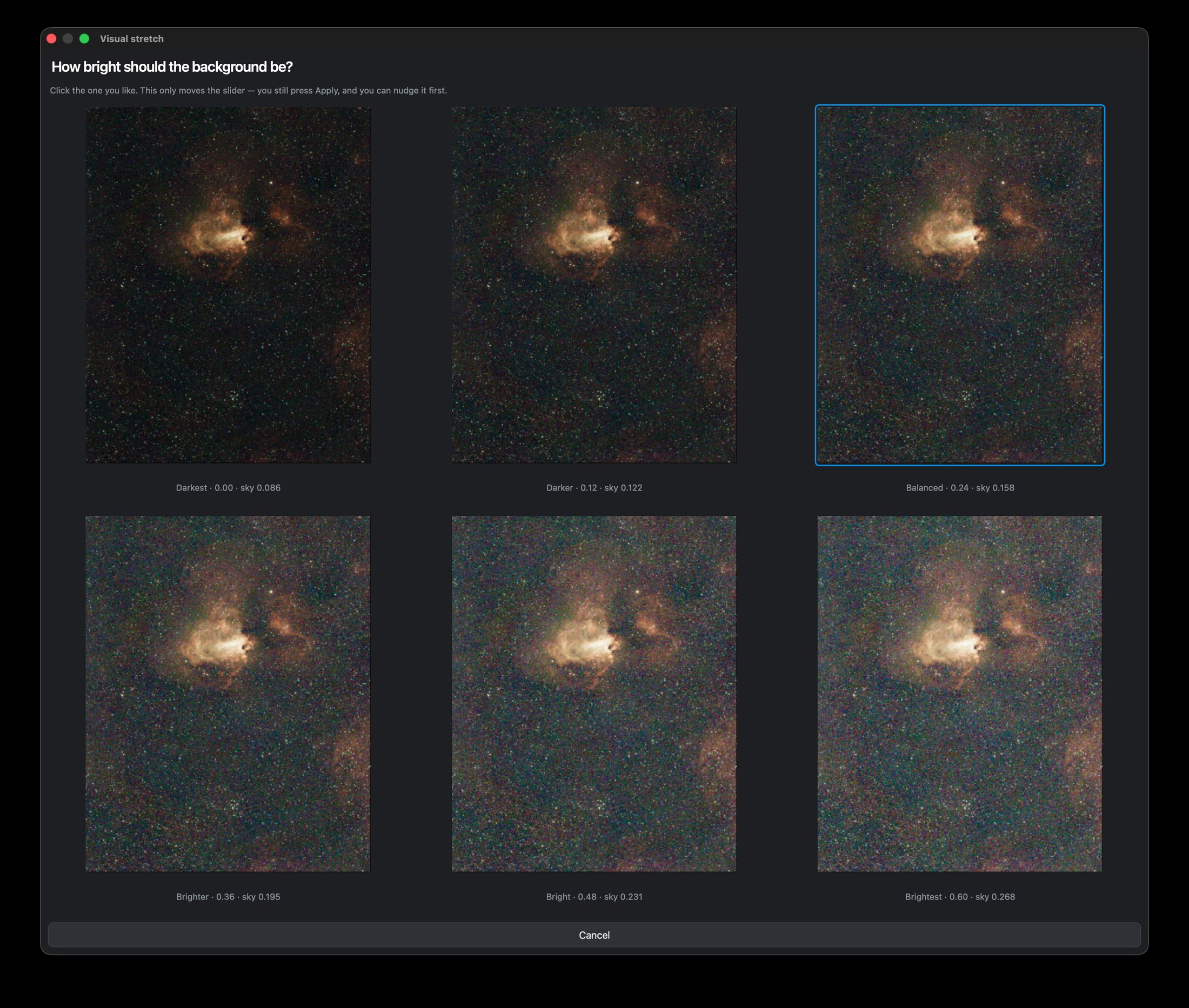 The Visual stretch window showing six versions of the same nebula from darkest to brightest